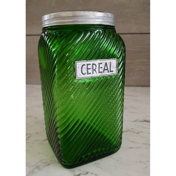 Vintage Owens Illinois Green Ribbed Glass Cereal Canister Depression Glass - Picture 7 of 9
